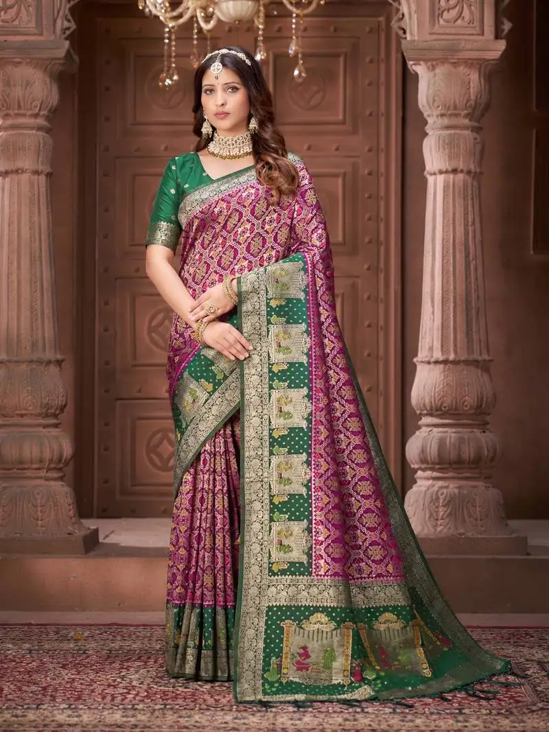 Purple pashmina silk blend zari woven work heavy designer border saree for wedding wear