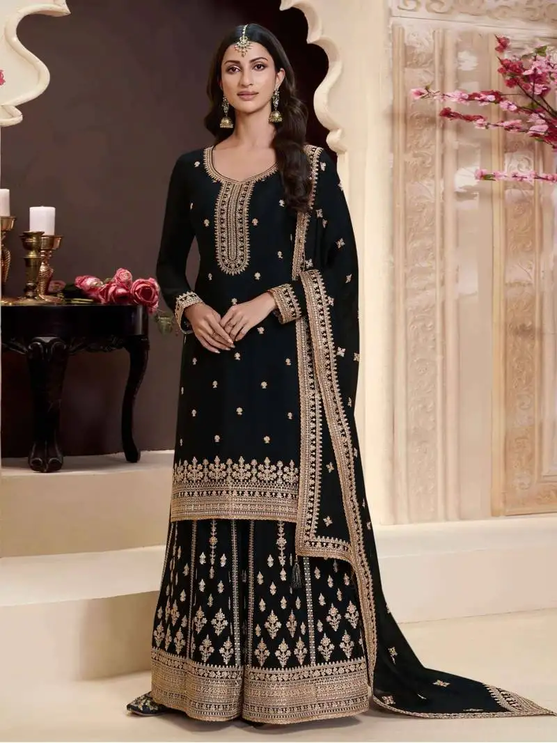 Black chinon embroidered semi stitched salwar suit