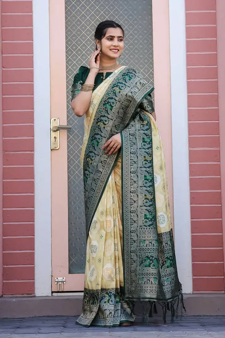 Yellow and greeen zari work pashmina silk heavy new saree with blouse for party wear