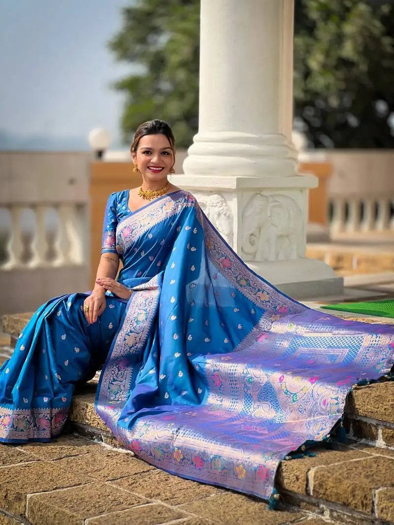 Sky blue soft silk blend saree with zari weaving meenakari design