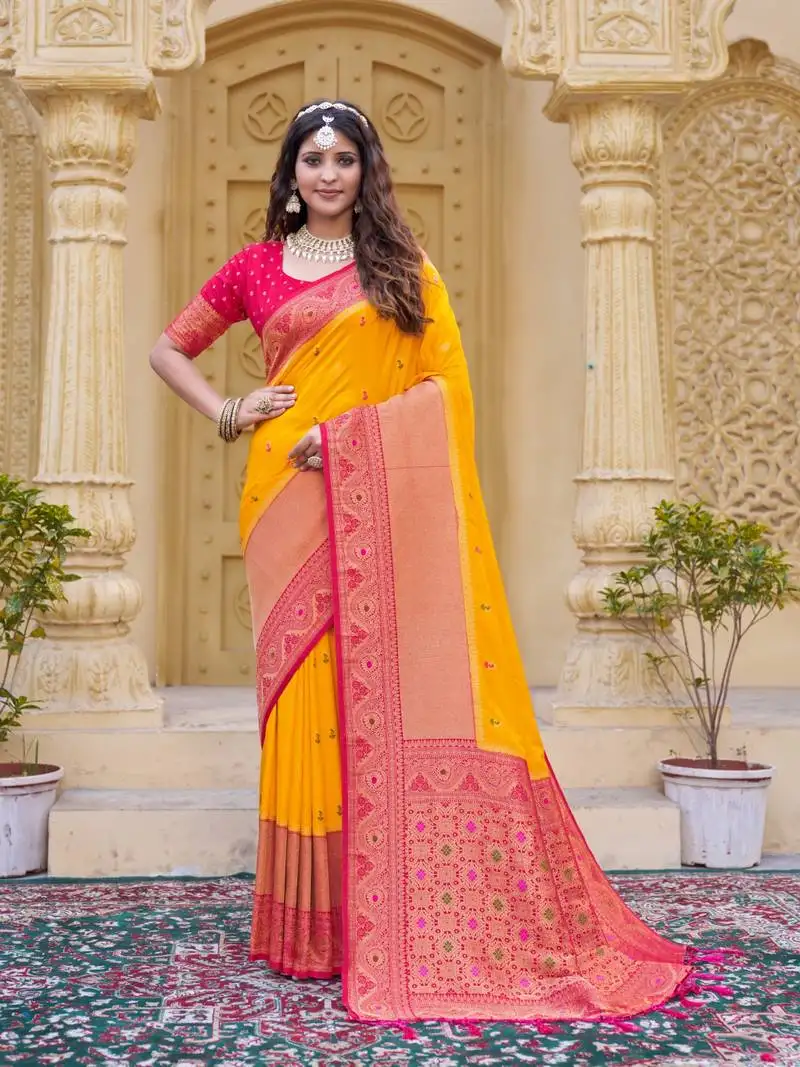 Yellow color zari work pashmina silk heavy red border saree with blouse