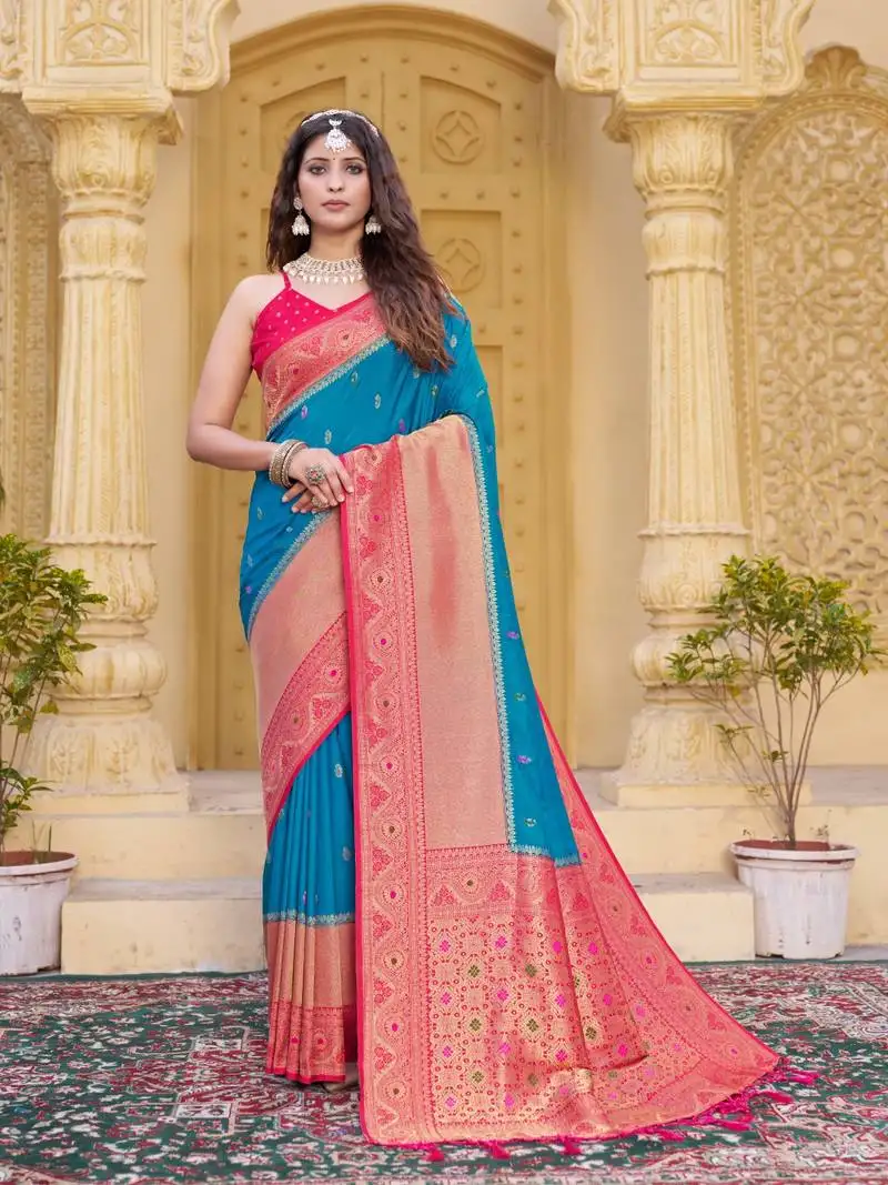 Sky blue color zari work pashmina silk blend heavy pink border saree with blouse