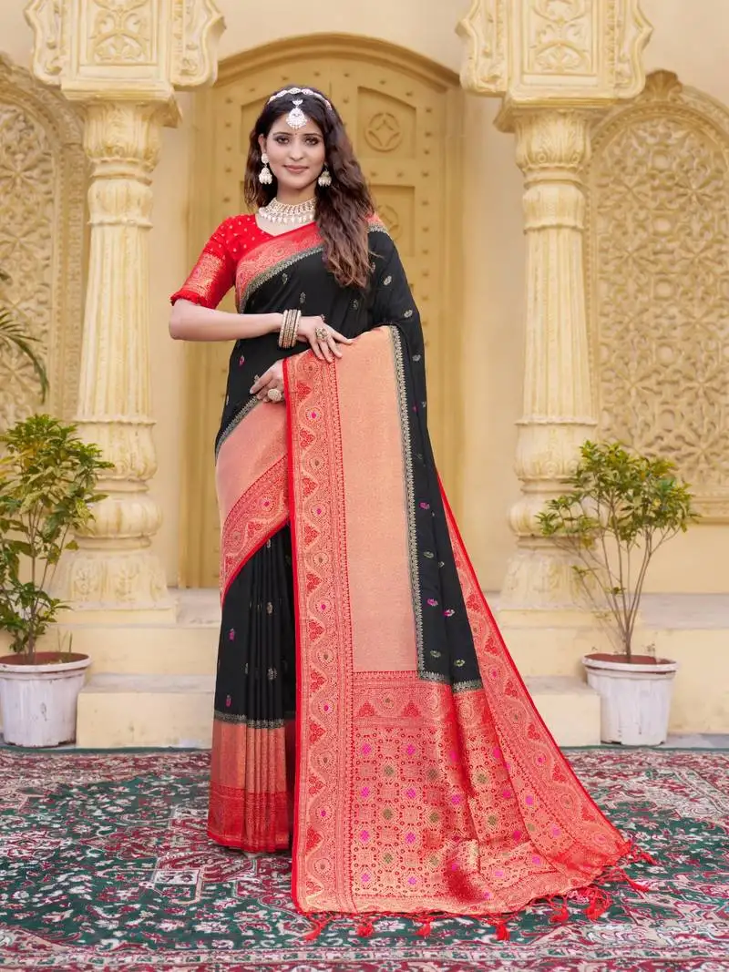 Black color zari work pashmina silk blend heavy red border saree with blouse