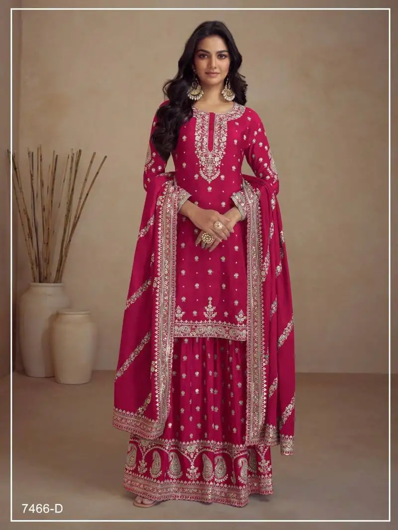 Fuscia pink silk semi stitched wedding palazzo suits