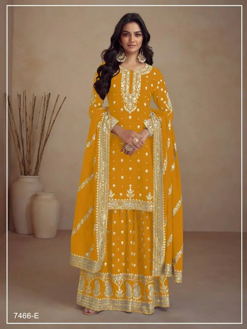 Yellow silk semi stitched wedding palazzo suits