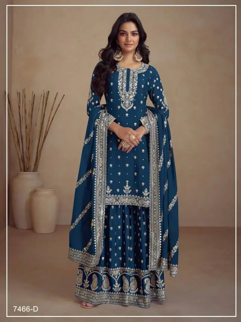 Teal silk semi stitched wedding palazzo suits
