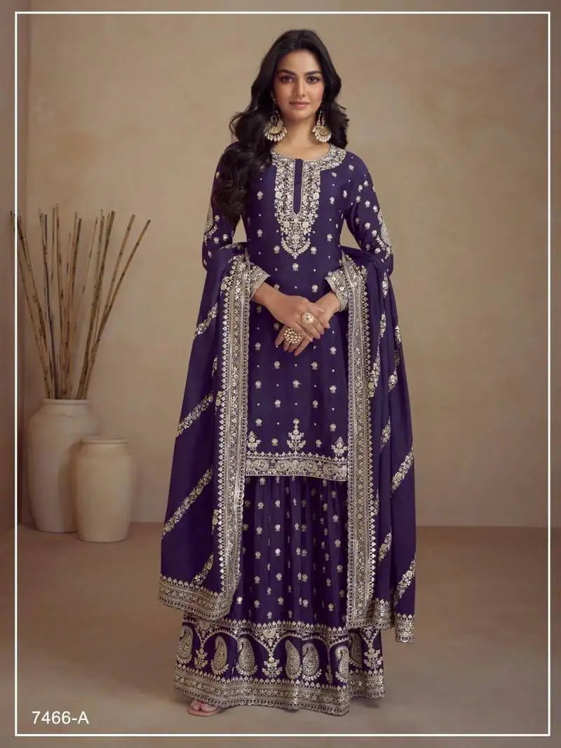 Dark purple silk semi stitched wedding palazzo suits