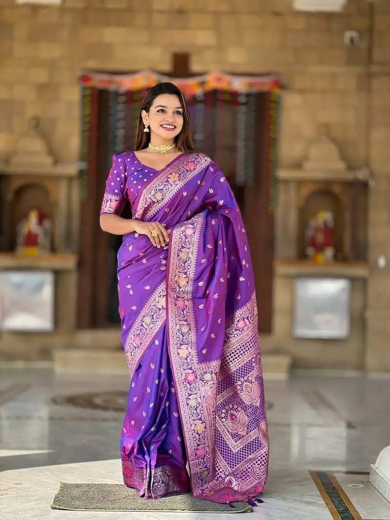 Violet soft silk blend saree with zari weaving meenakari design
