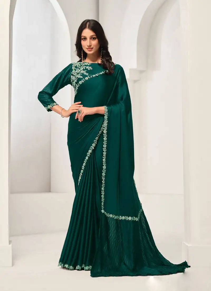 Dark green crape satin silk zardosi with handwork saree