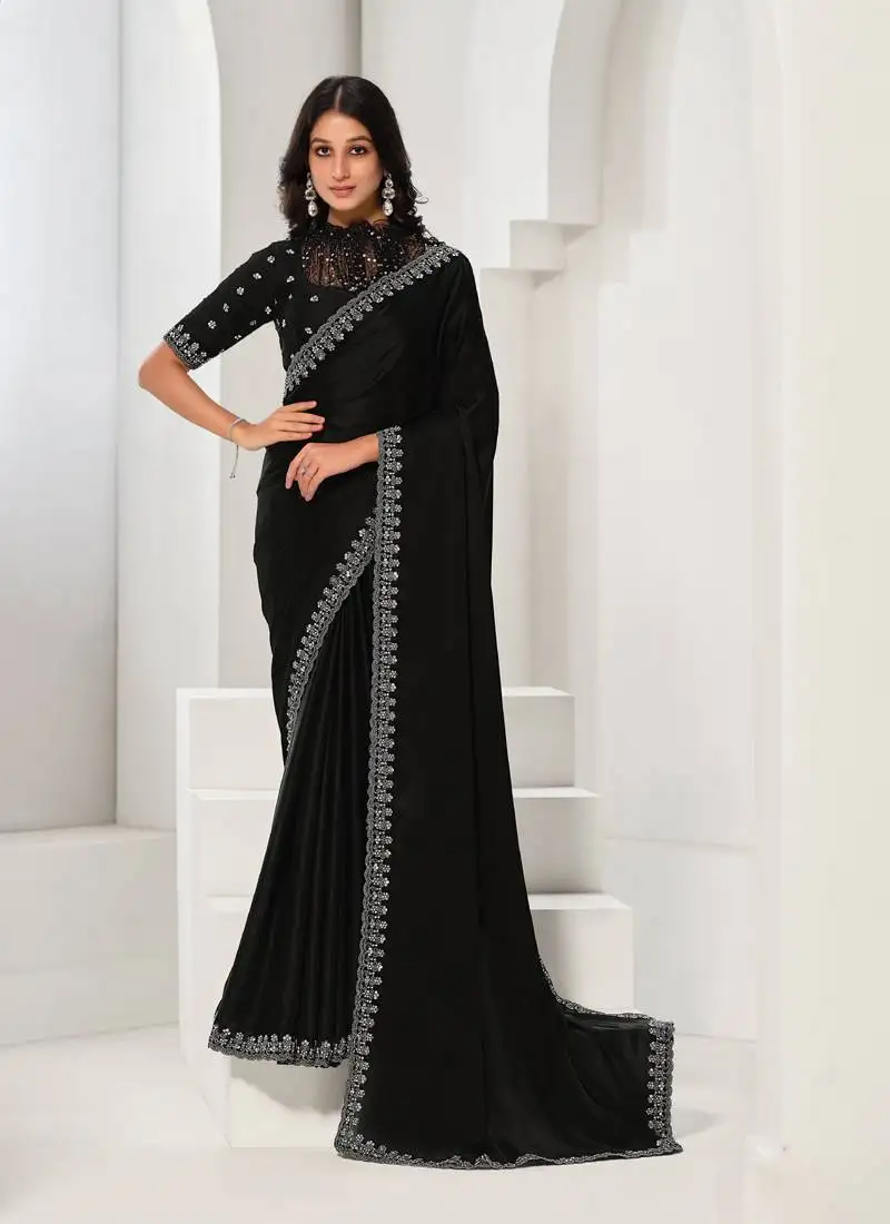 Black crape satin silk sequin with handwork saree