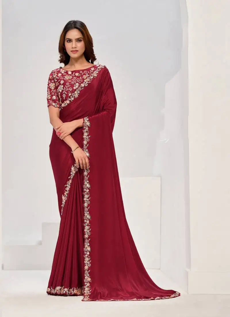 Blood red pure crape georgette sequin with moti work saree