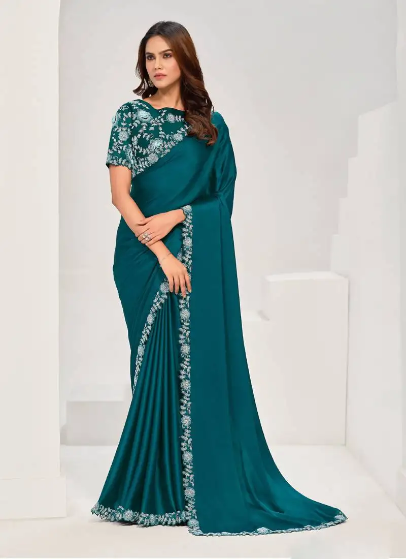Teal crape satin silk sequin with moti work saree