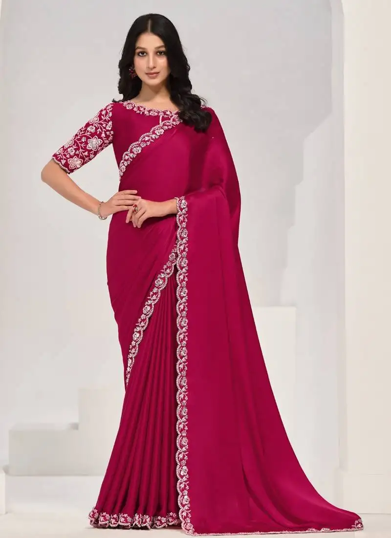 Rani pink crape satin silk sequin with moti work saree