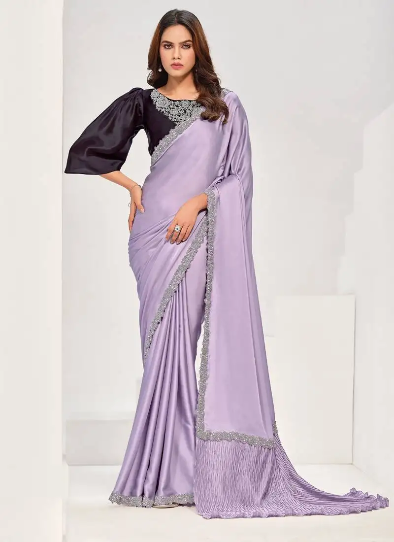 Lavender crape satin silk zardosi with hand work saree