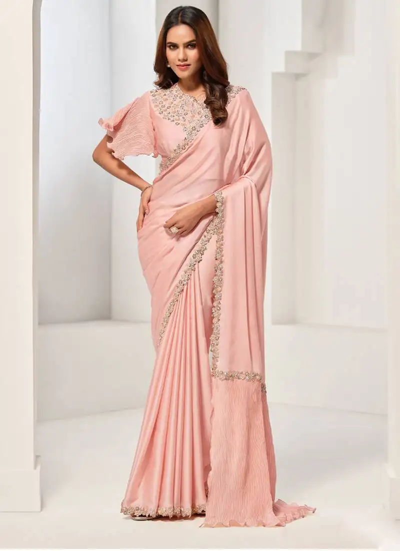Peach crape satin silk sequin with hand work saree