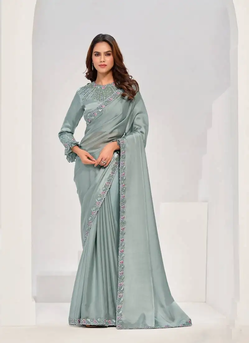 Gray crape satin silk with hand work & sequin work saree
