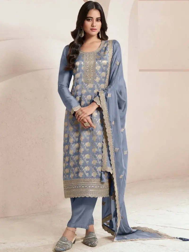 Light blue viscose jacquard semi stitched wedding suits