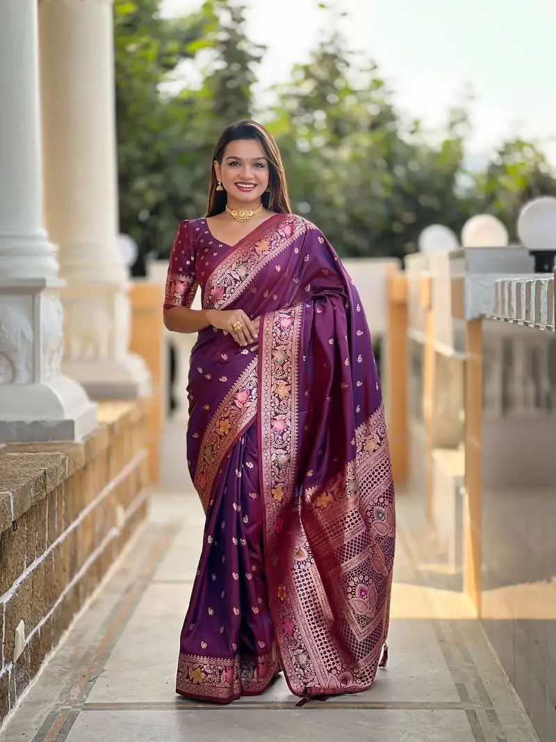 Wine soft banarasi silk saree with zari weaving meenakari design