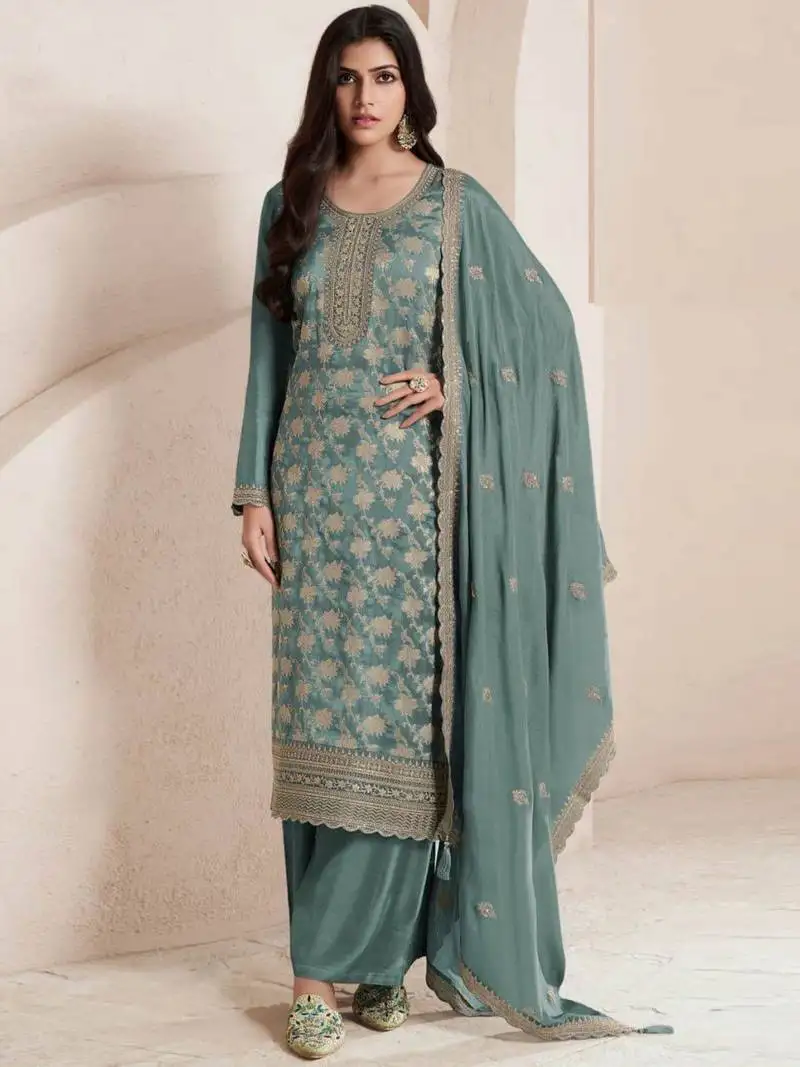 Light green viscose jacquard semi stitched wedding suits