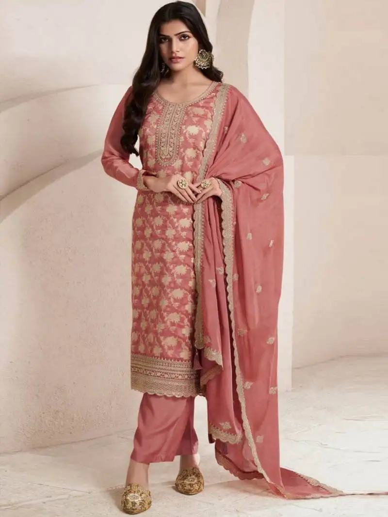 Light pink viscose jacquard semi stitched wedding suits