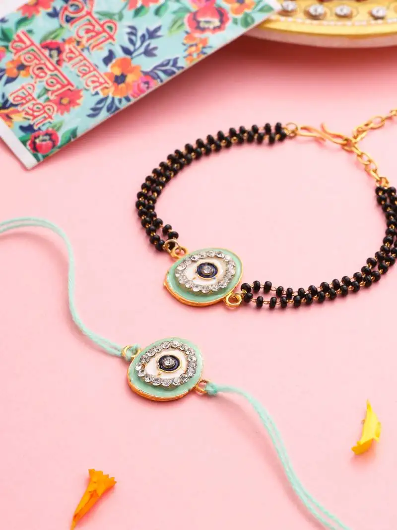 Set of 2 green round shape artificial stones bhaiya bhabhi rakhi with roli chawal chandan & mishri