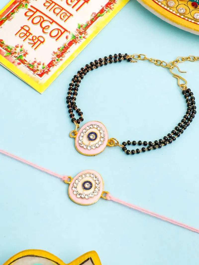 Set of 2 pink round shape artificial stones bhaiya bhabhi rakhi with roli chawal chandan & mishri