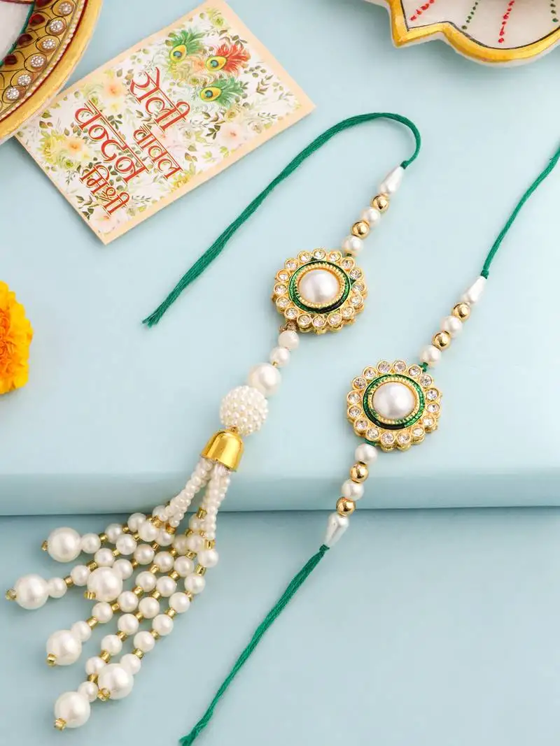 Set of 2 white & green stone studded handcrafted bhaiya bhabhi thread rakhi with roli chawal chandan & mishri