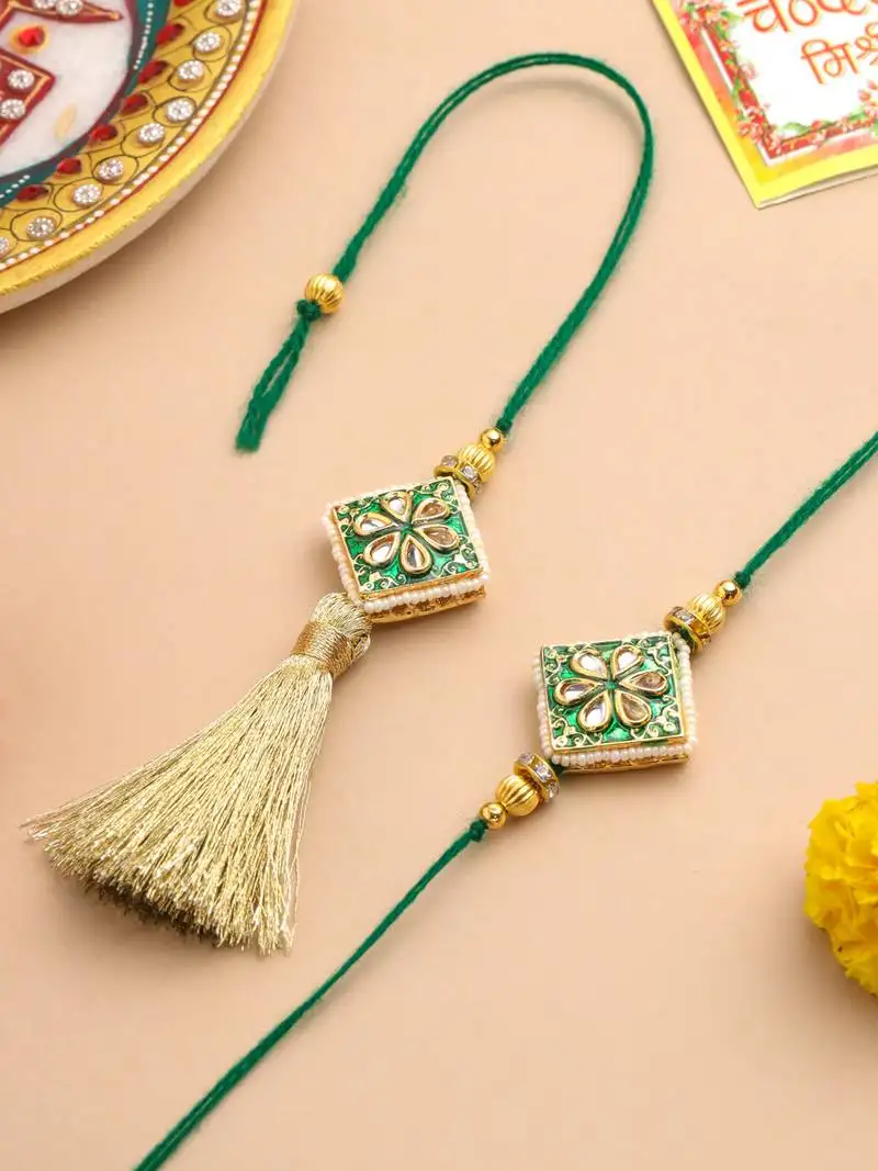 Set of 2 handmade green kundan studded bhaiya bhabhi rakhi set with roli chawal chandan & mishri