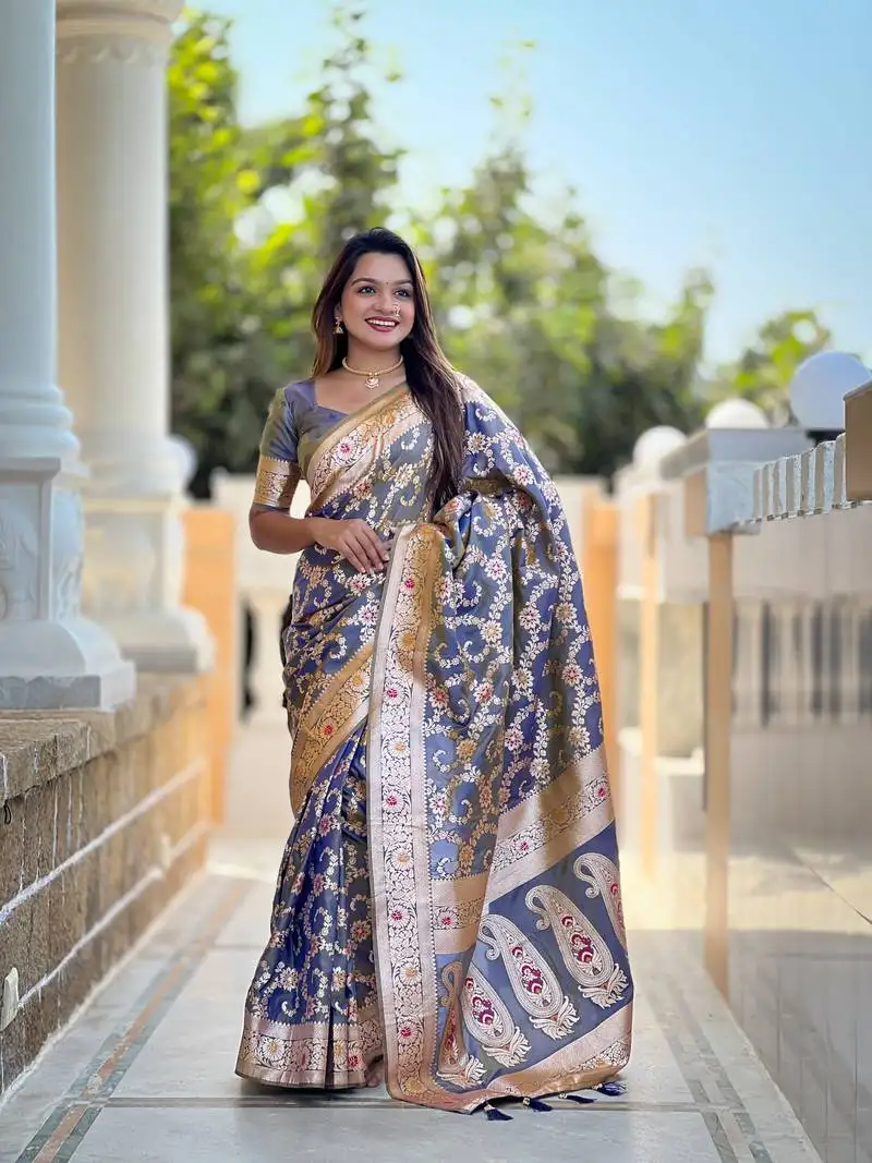 Grey soft silk blend saree with zari weaving meenakari design