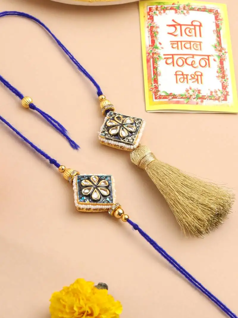 Set of 2 handmade blue kundan studded bhaiya bhabhi rakhi set with roli chawal chandan & mishri