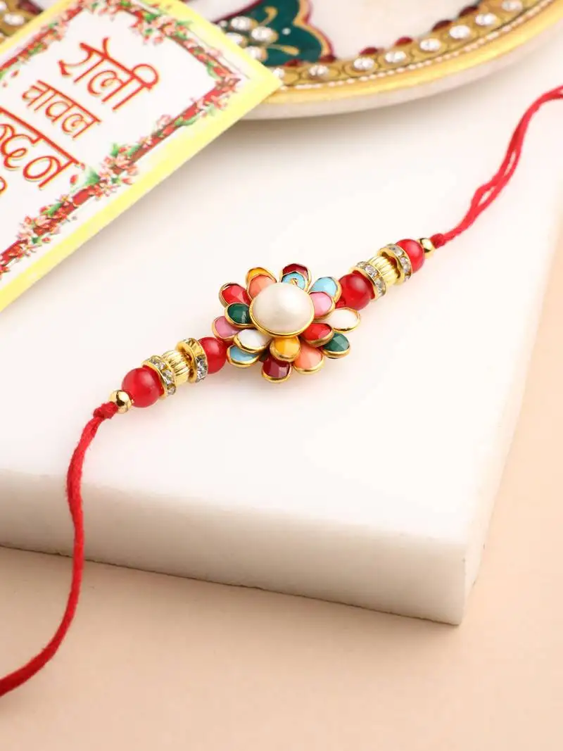 Men multicolor beads & pearls floral design thread rakhi roli chawal chandan & mishri