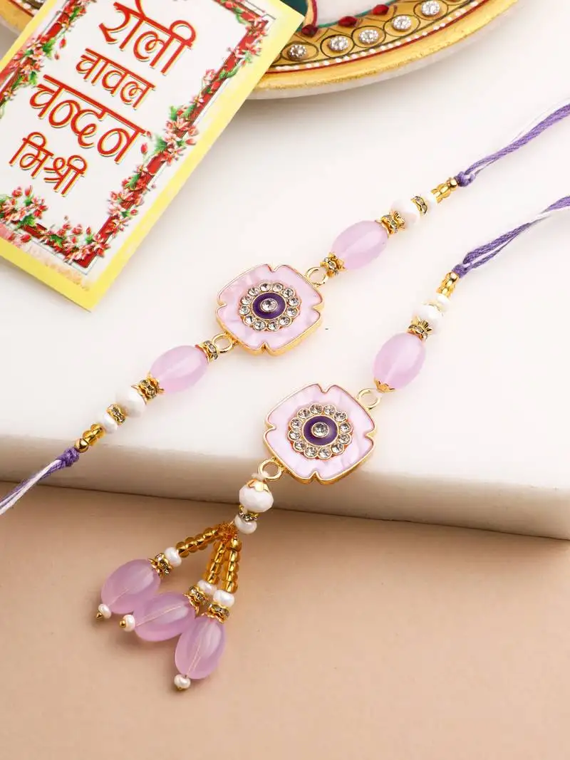 Set of 2 purple artificial stones & beads floral design thread bhaiya bhabhi rakhi with roli chawal chandan & mishri