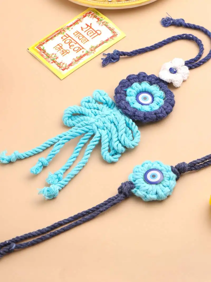 Set of 2 blue evil eye floral bhaiya bhabhi rakhi with roli chawal chandan & mishri