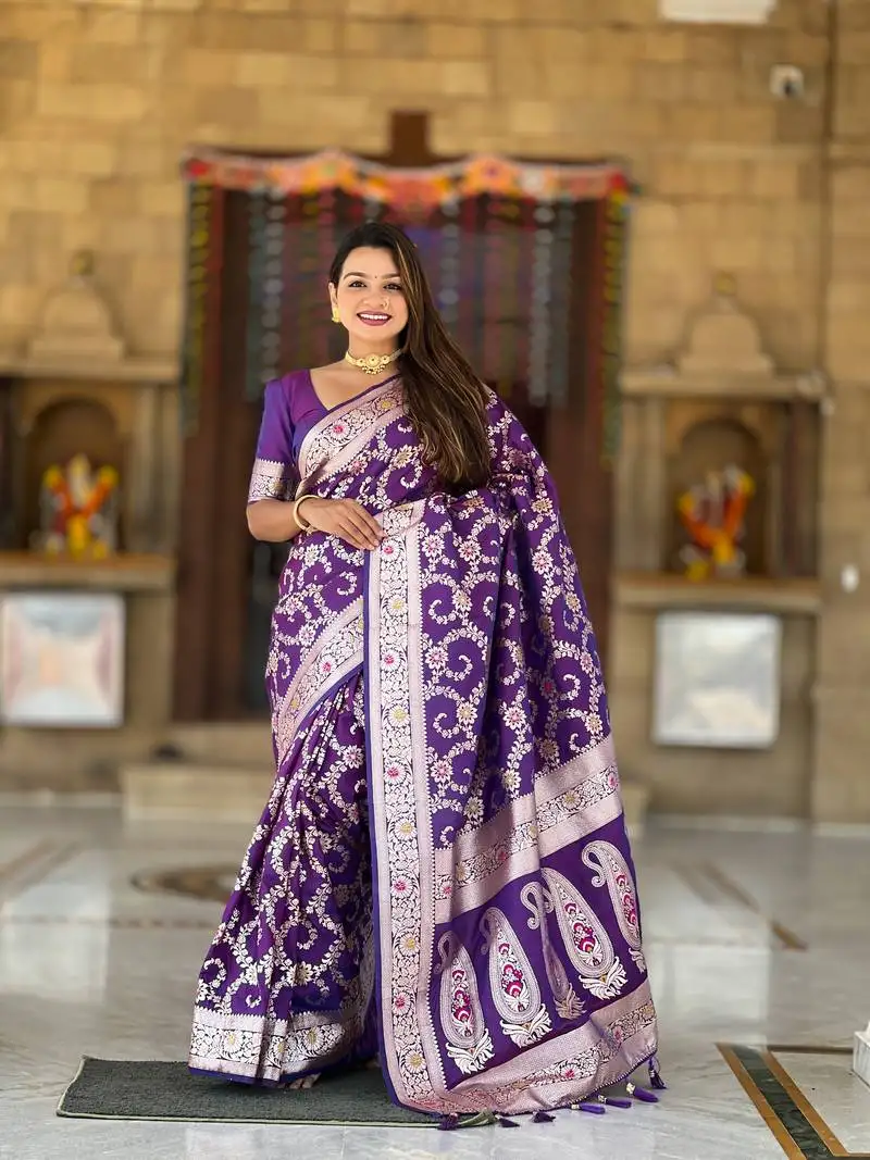 Purple soft silk blend saree with zari weaving meenakari design