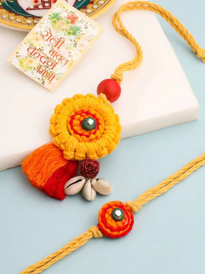 set of 2 yellow sea shell round floral design bhaiya bhabhi rakhi with roli chawal chandan & mishri