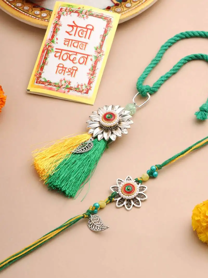 set of 2 green pearls bhaiya bhabhi thread rakhi with roli chawal chandan & mishri