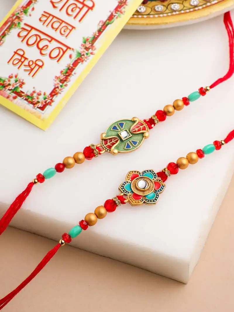 set of 2 floral design red artificial stones & beads thread rakhi with roli chawal chandan & mishri