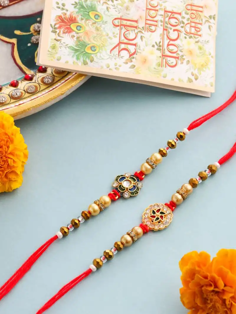 set of 2 red & gold floral design artificial stones & beads thread rakhi with roli chawal chandan & mishri