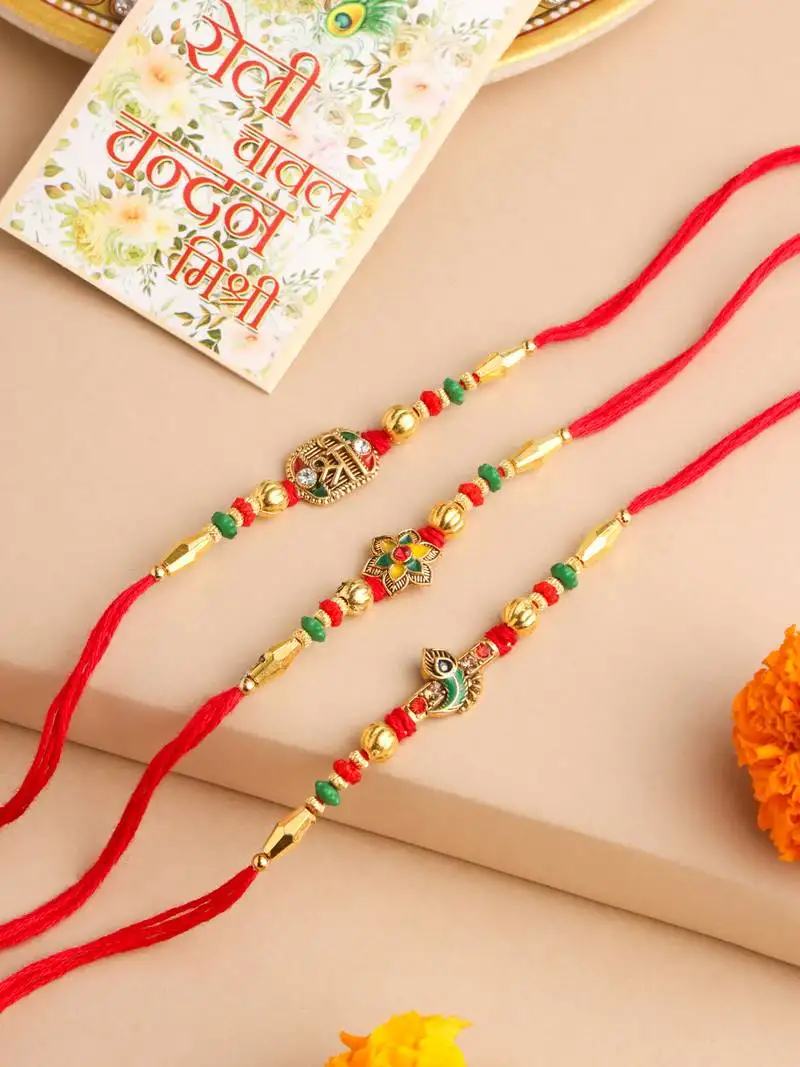 set of 3 red & gold floral design artificial stones and beads thread rakhi with roli chawal chandan & mishri