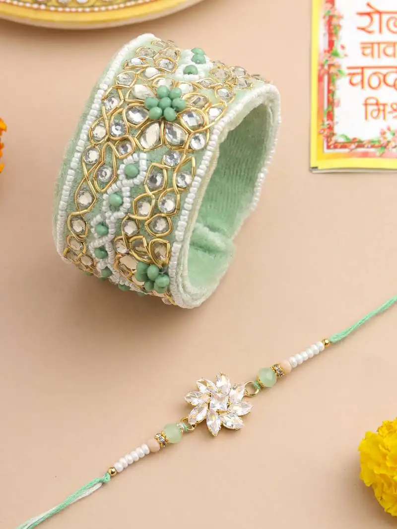 set of 2 green artificial stones bhaiya bhabhi rakhi with roli chawal chandan & mishri