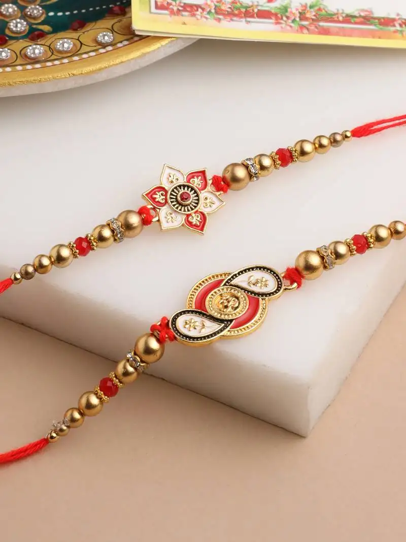 set of 2 red & gold floral design artificial beads thread rakhi with roli chawal chandan & mishri