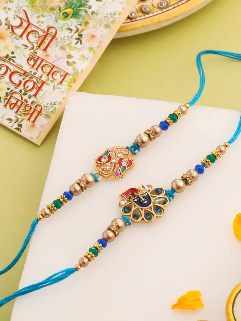 set of 2 blue artificial stones & beads thread rakhi with roli chawal chandan & mishri