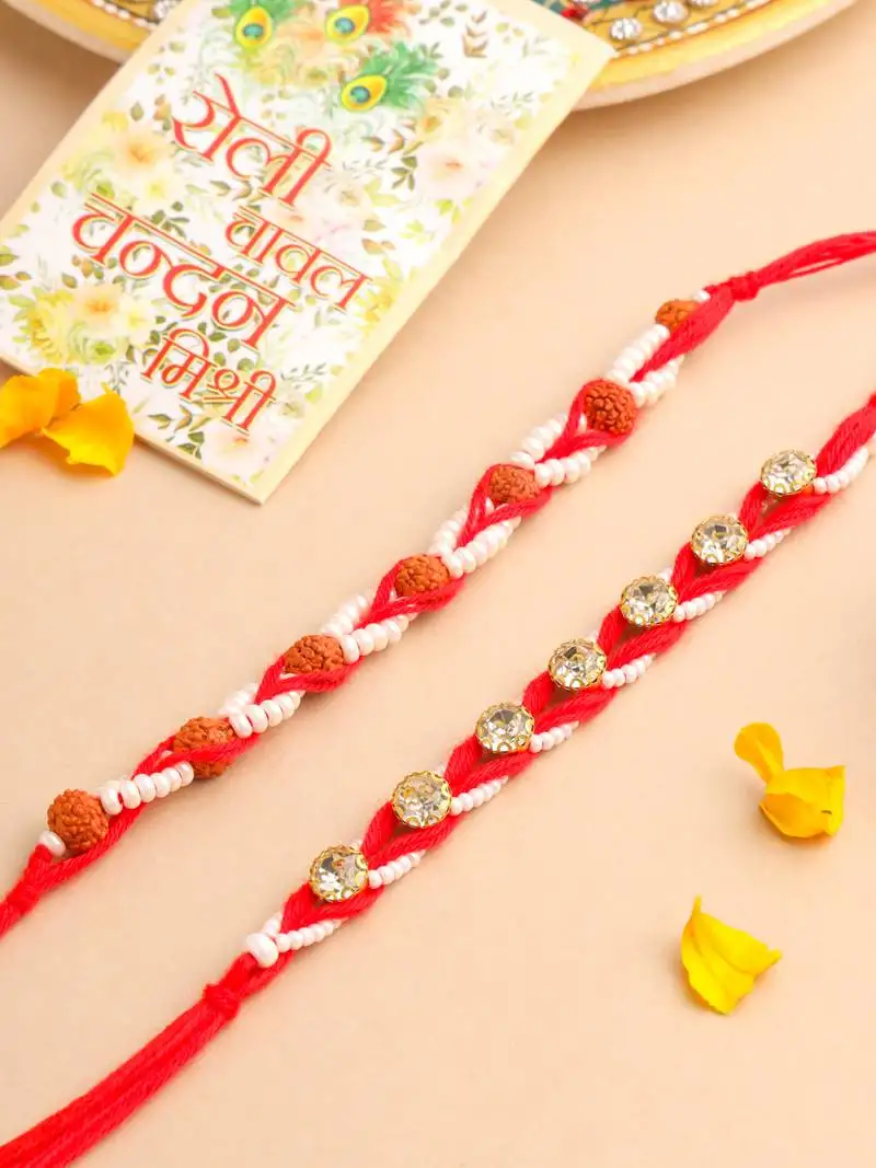 set of 2 red artificial stones & rudraksh thread rakhi with roli chawal chandan & mishri