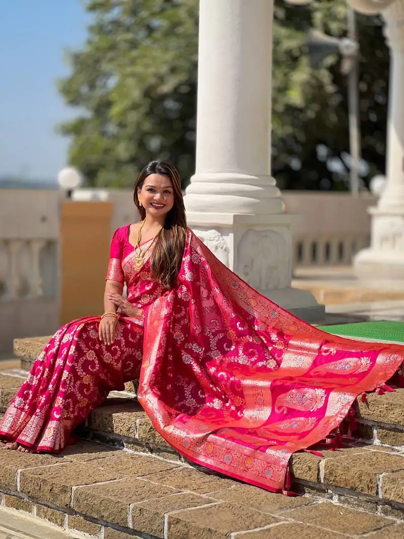 Rani pink soft silk blend saree with zari weaving meenakari design