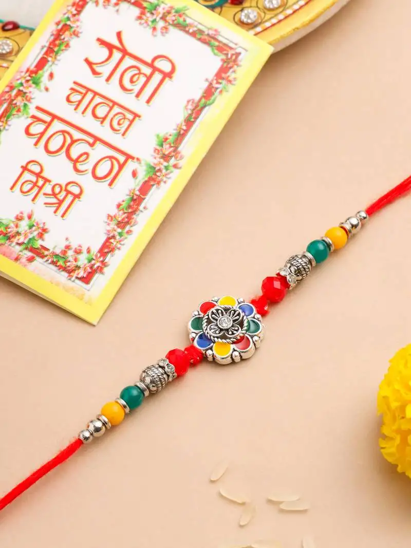 Men multicolor artificial stones & beads floral design thread rakhi with roli chawal chandan & mishri