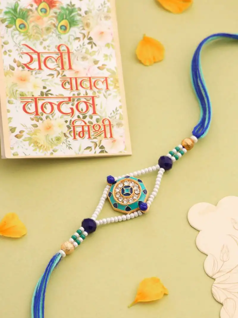 Men blue artificial stones & beads floral design thread rakhi with roli chawal chandan & mishri
