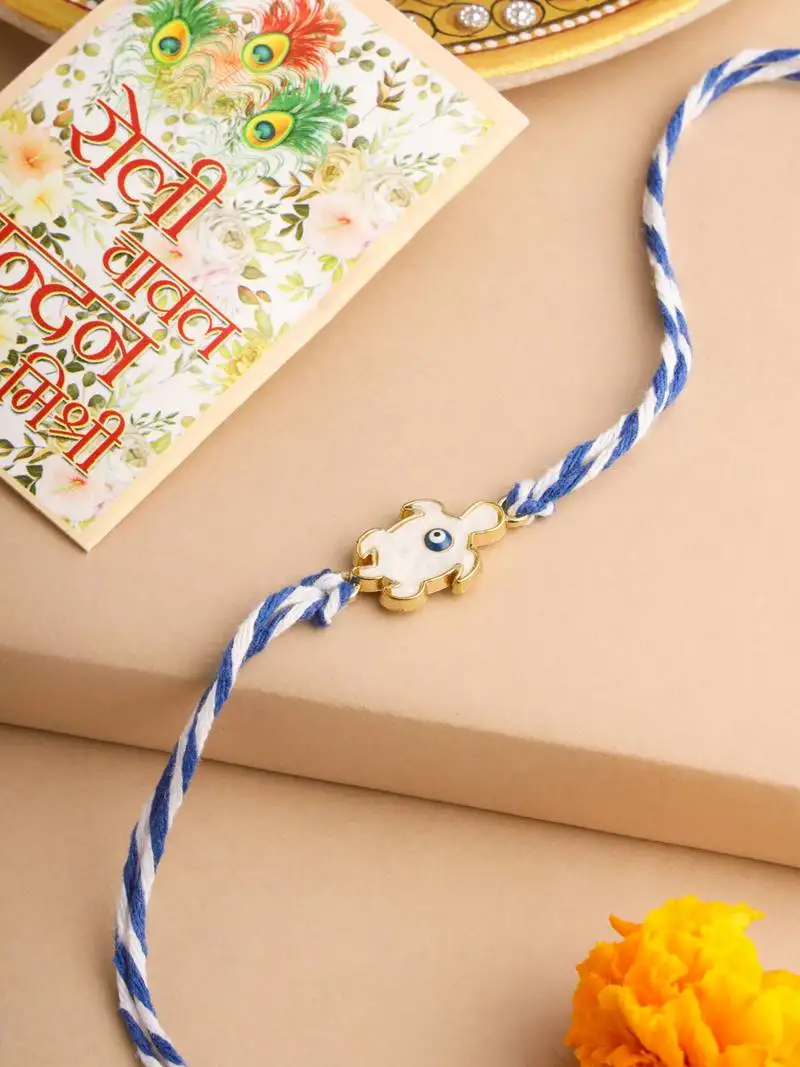 Men blue evil eye thread rakhi with roli chawal chandan & mishri