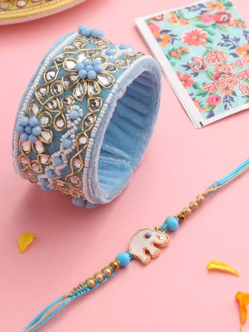 set of 2 blue artificial stones & beads floral bhaiya bhabhi rakhi with roli chawal chandan & mishri