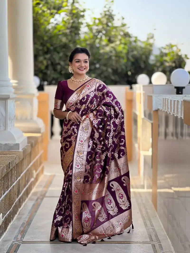 Wine soft silk blend saree with zari weaving meenakari design