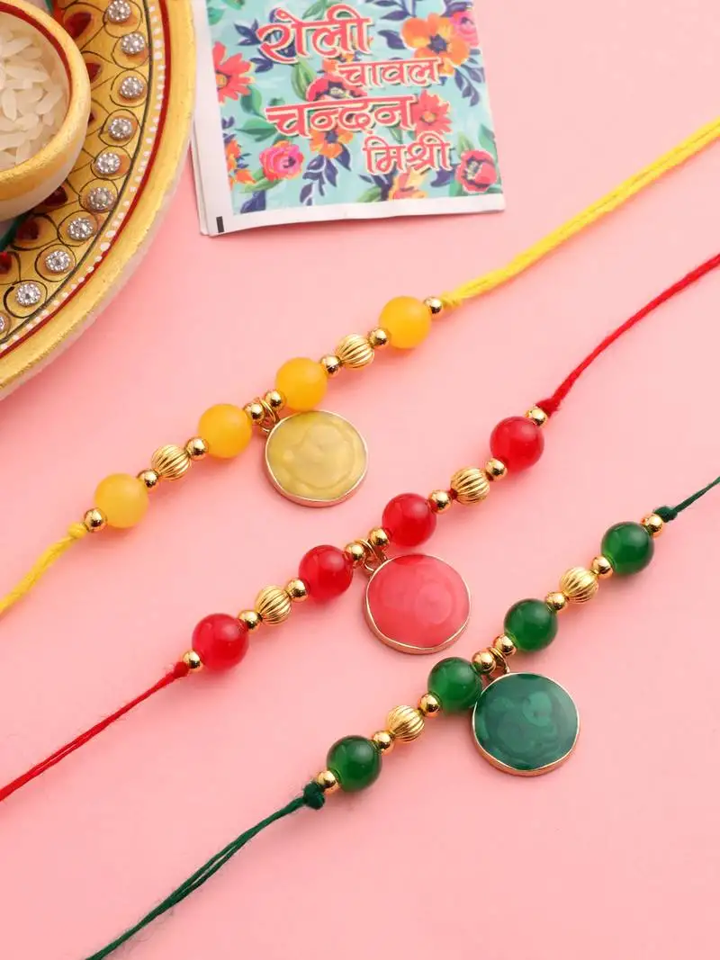 set of 3 multicolor artificial beads thread rakhi with roli chawal chandan & mishri